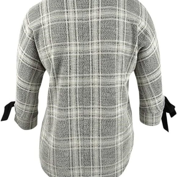 CHARTER CLUB Textured Plaid Top Boat Neckline Black Bow Kimono Sleeves Sz S NEW - Picture 4 of 6